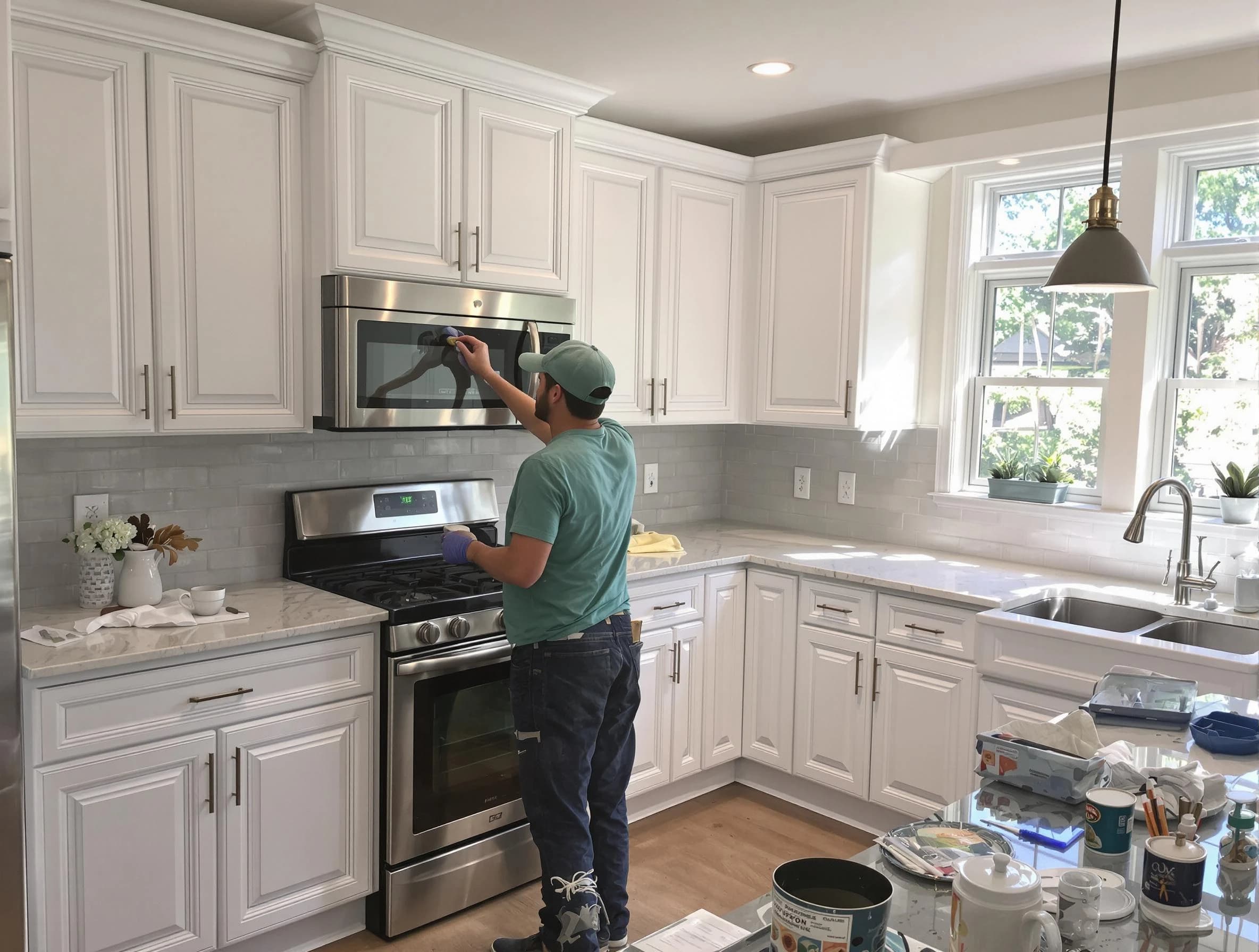 Kitchen cabinets being refinished by Green House Painters in Green, OH