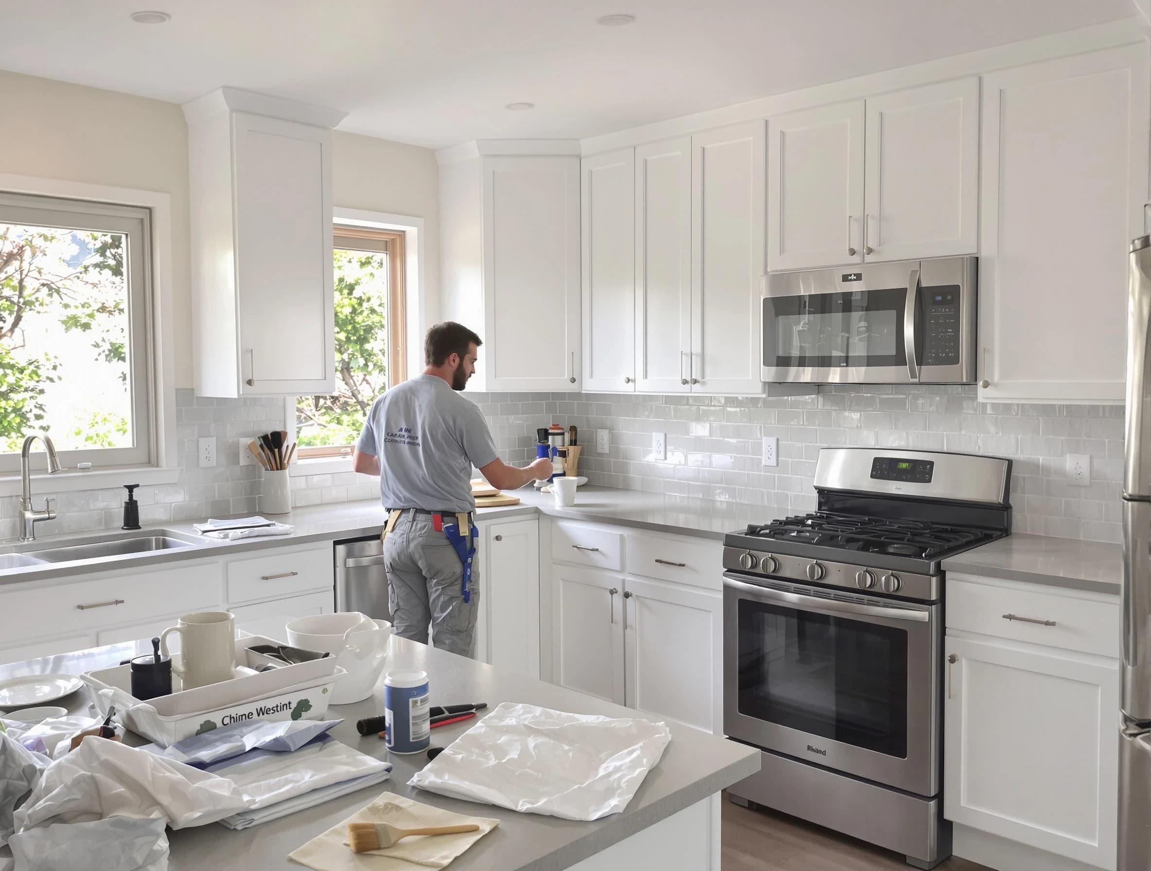 Green House Painters applying fresh paint on kitchen cabinets in Green