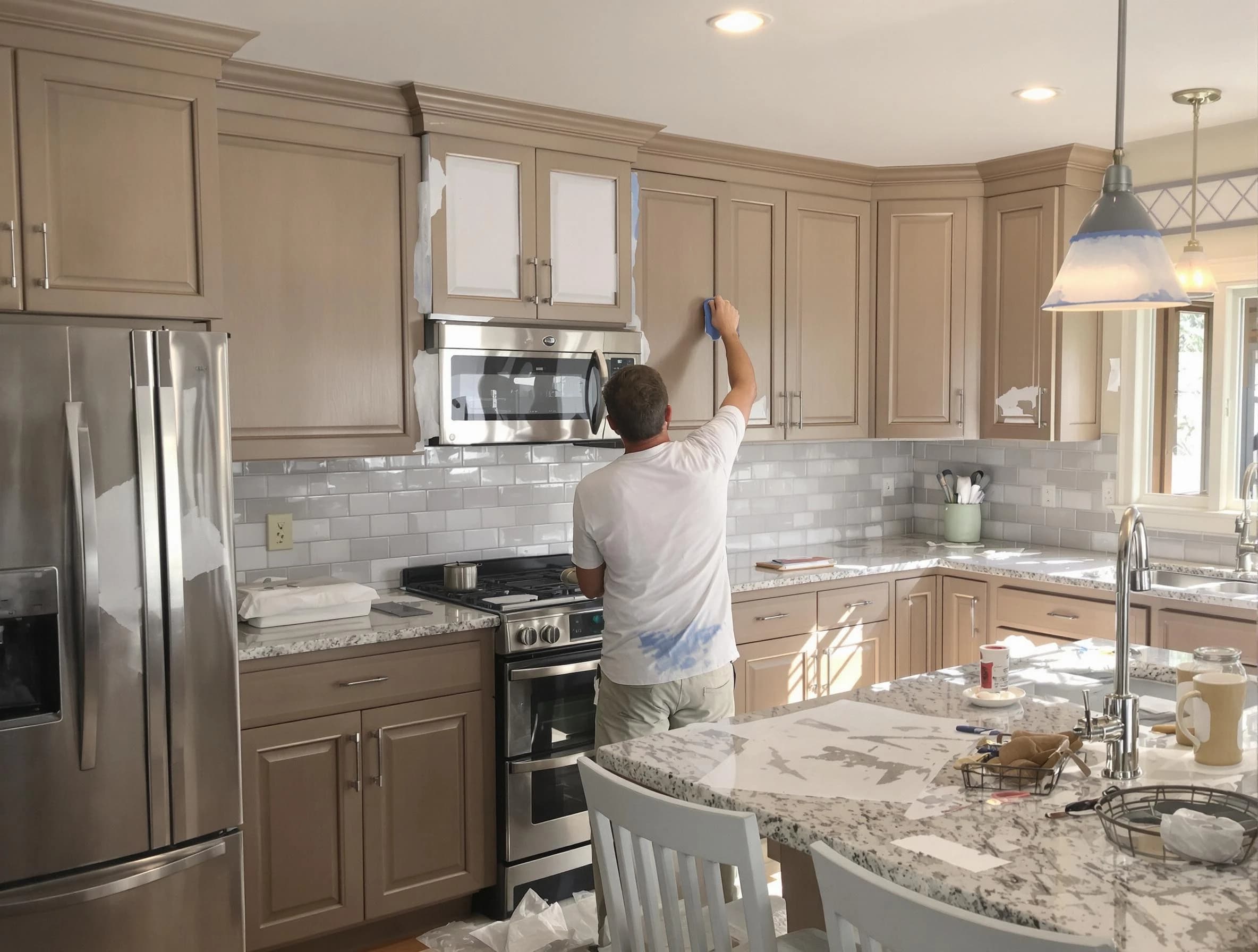 Before-and-after view of kitchen painting by Green House Painters in Green