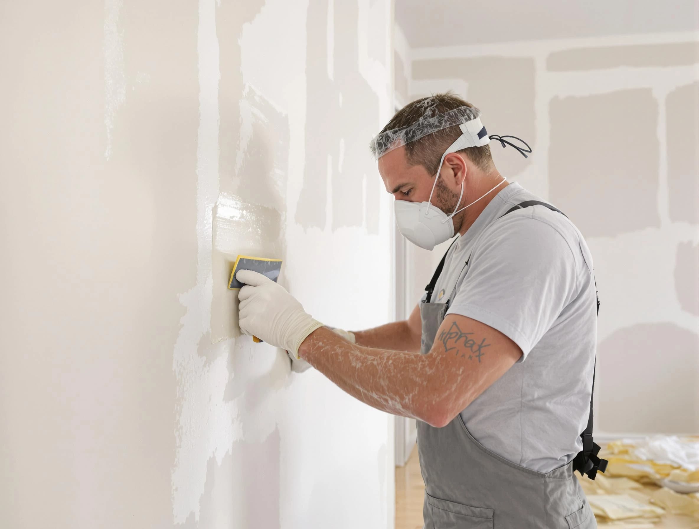 Green House Painters technician applying mud to drywall seams in Green, OH