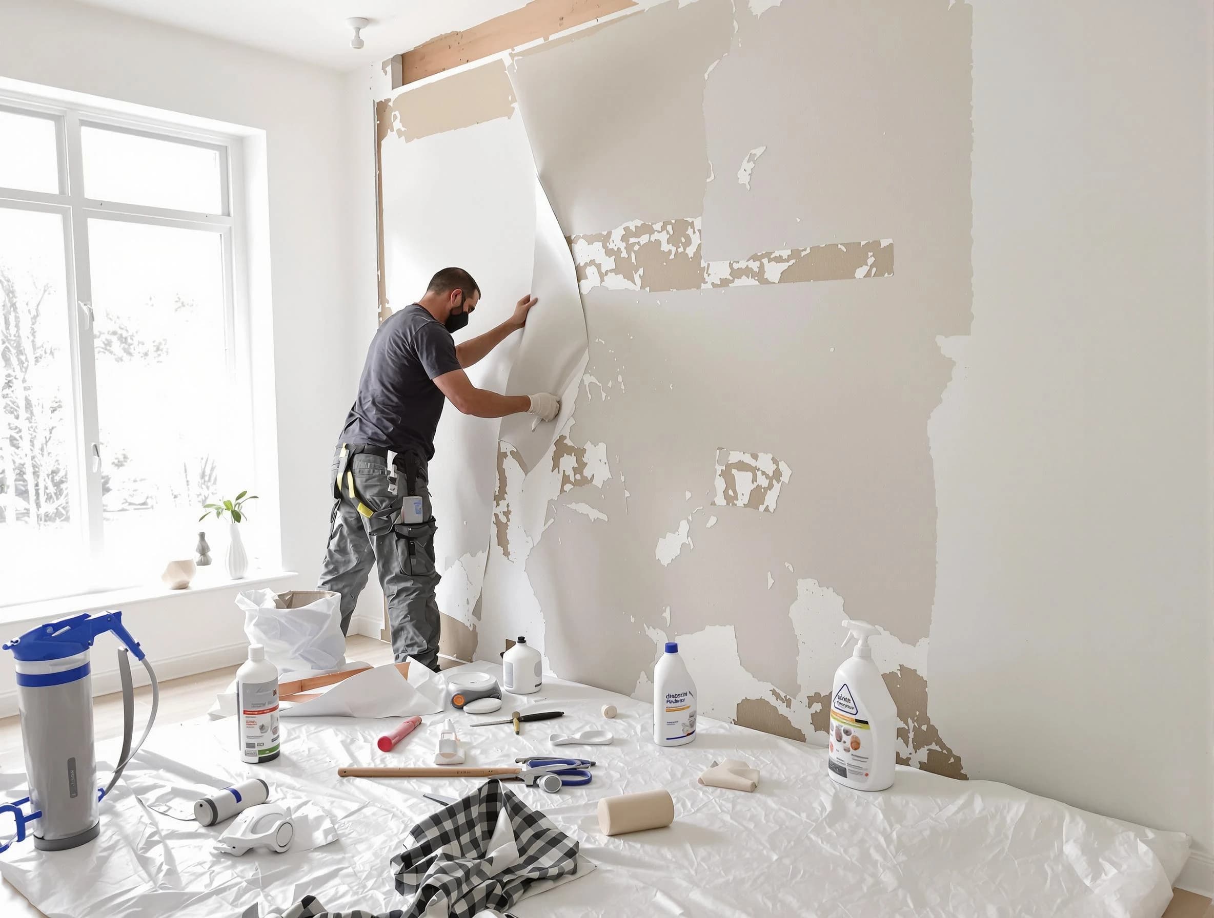 Green House Painters technician removing wallpaper in Green, OH